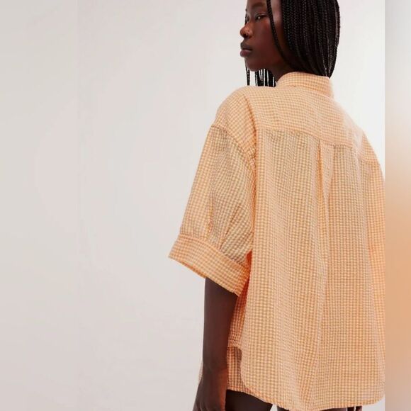 Free People Checked Out Gingham Yellow Button Up Top Medium - Picture 2 of 9